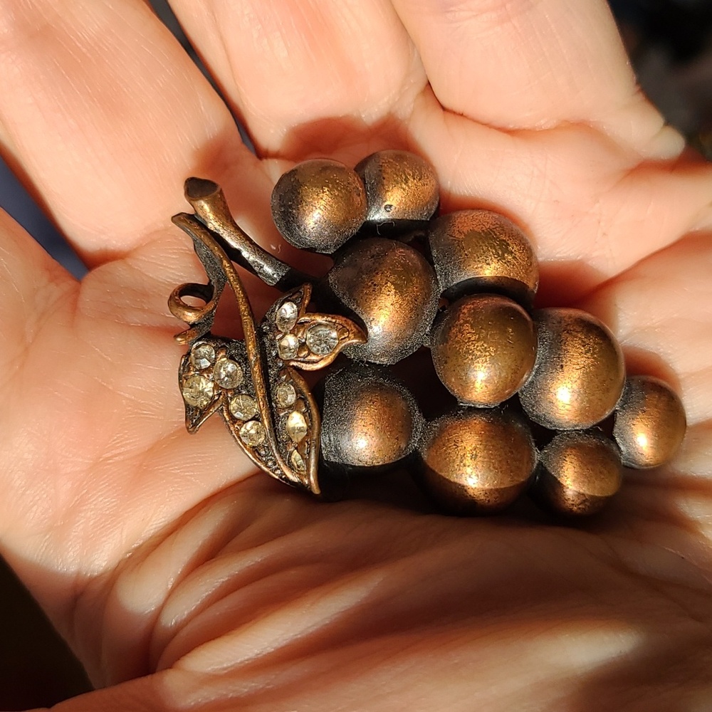 🌼2/$12 Coppertone grape brooch with rhinestone details on leaf